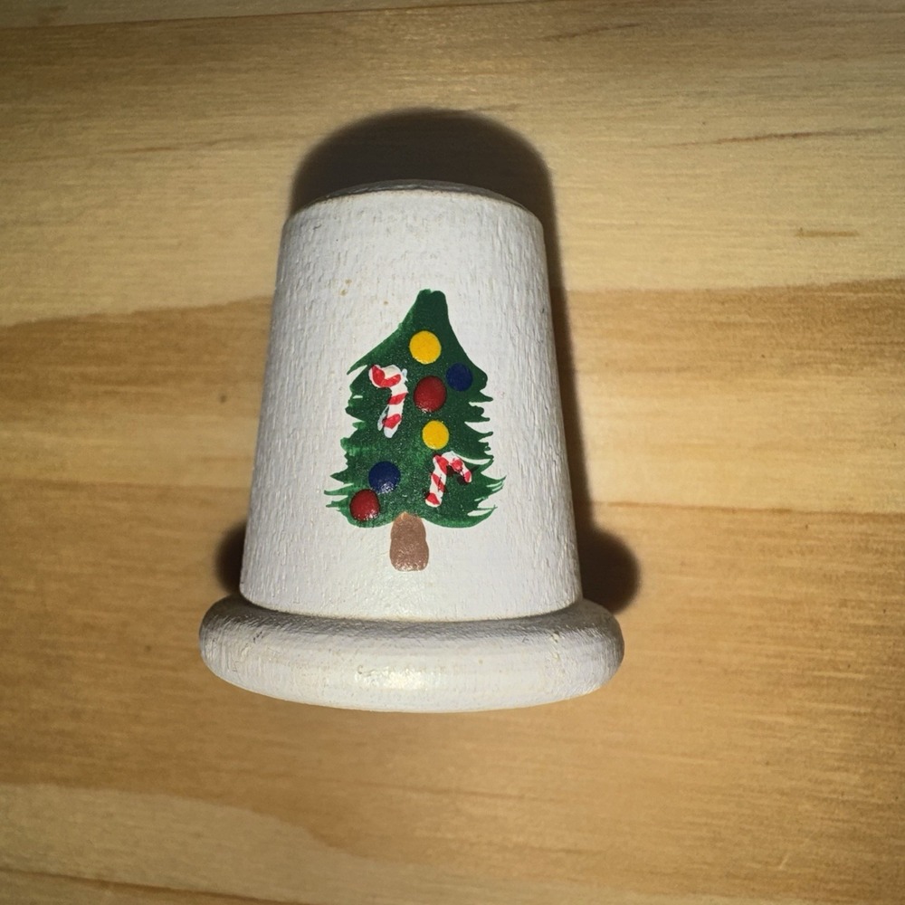 Christmas Tree Wood Thimble White Souvenir Trinket